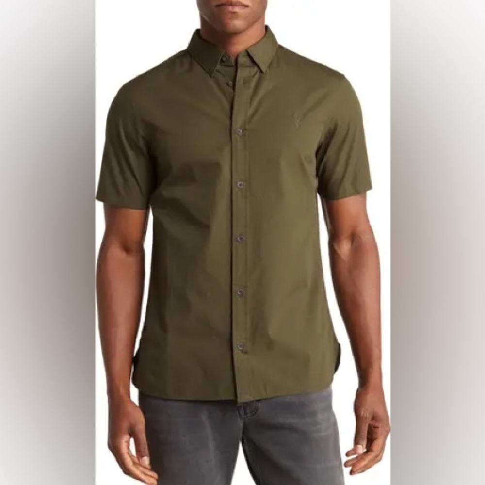 AllSaints Riviera Short Sleeve Button-Up Shirt Olive Green - Small